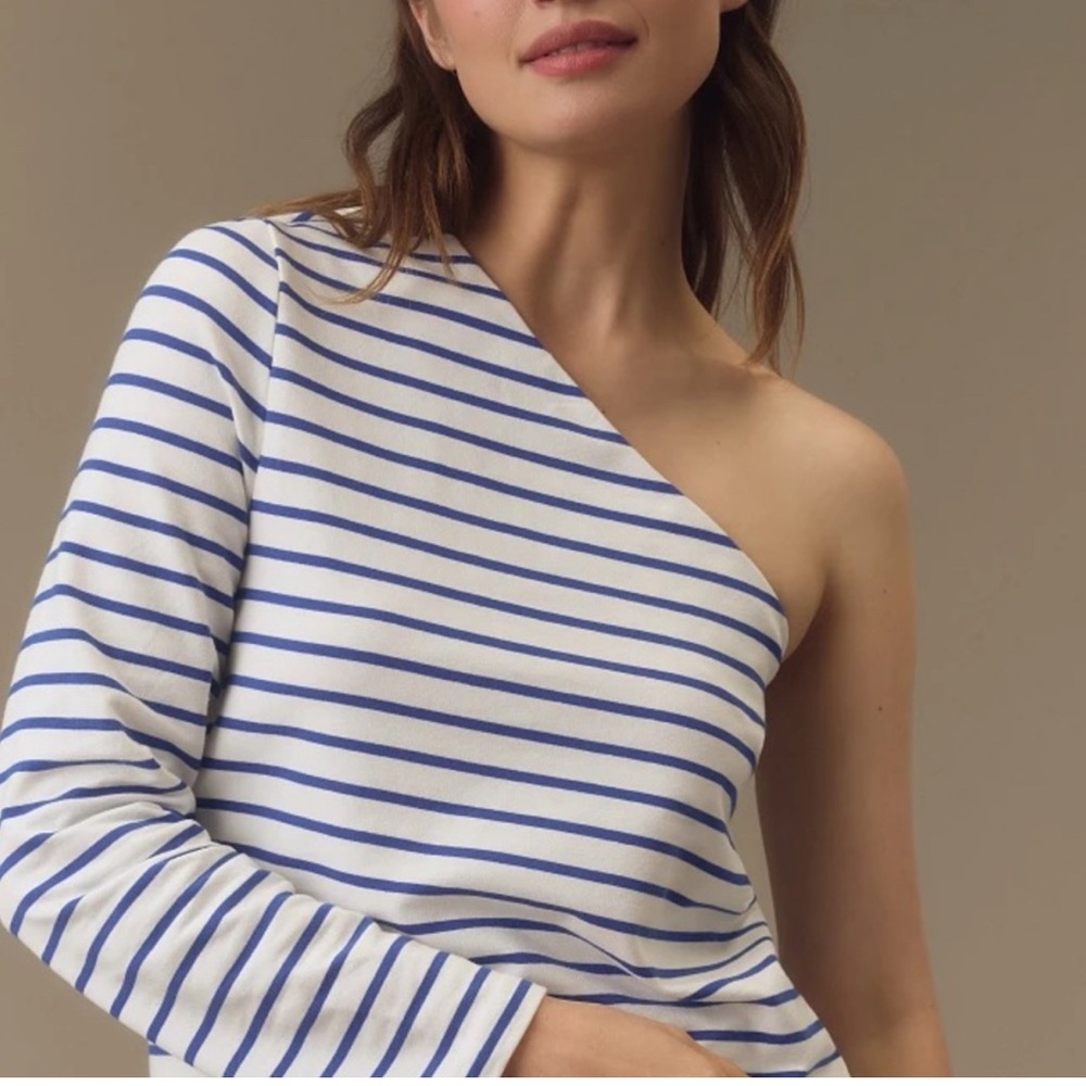Grey Lab by Anthropologie Blue and White Striped One-Shoulder Top